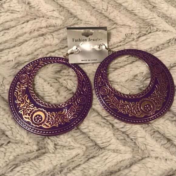 Oversized Purple and Gold Circle Earrings - Picture 2 of 6